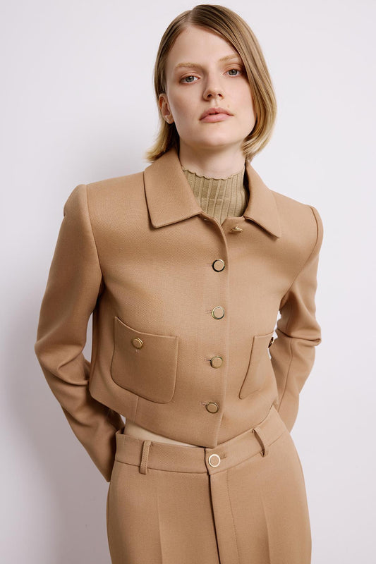 Metal Düğmeli Camel Crop Ceket