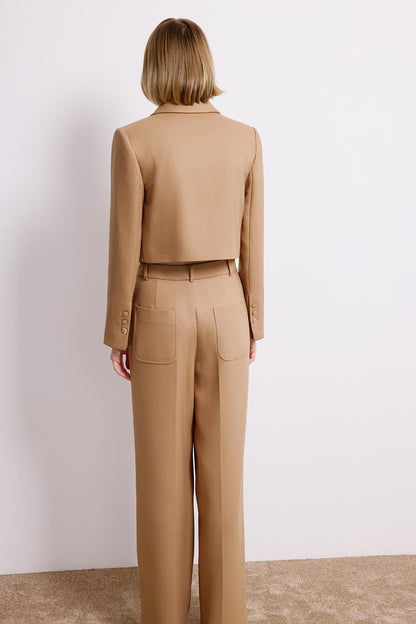 Metal Düğmeli Camel Crop Ceket