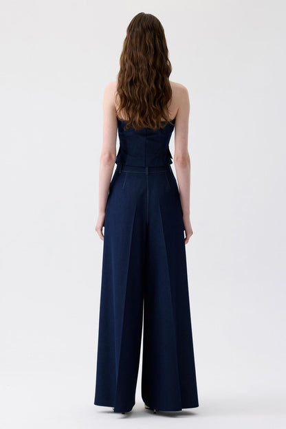 Metal Düğmeli Straplez Denim Lacivert Büstiyer