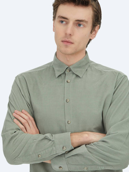 Mint Çizgili Regular Fit Uzun Dokuma Kadife Casual %100 Pamuk Gömlek