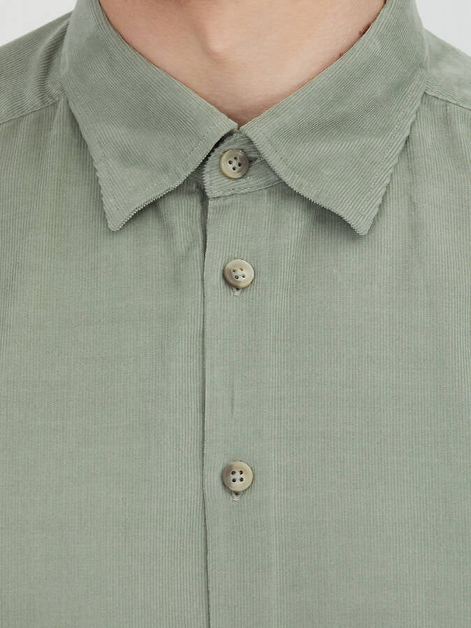 Mint Çizgili Regular Fit Uzun Dokuma Kadife Casual %100 Pamuk Gömlek