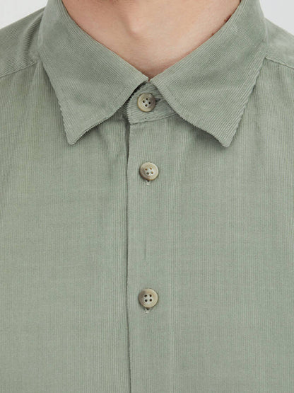 Mint Çizgili Regular Fit Uzun Dokuma Kadife Casual %100 Pamuk Gömlek
