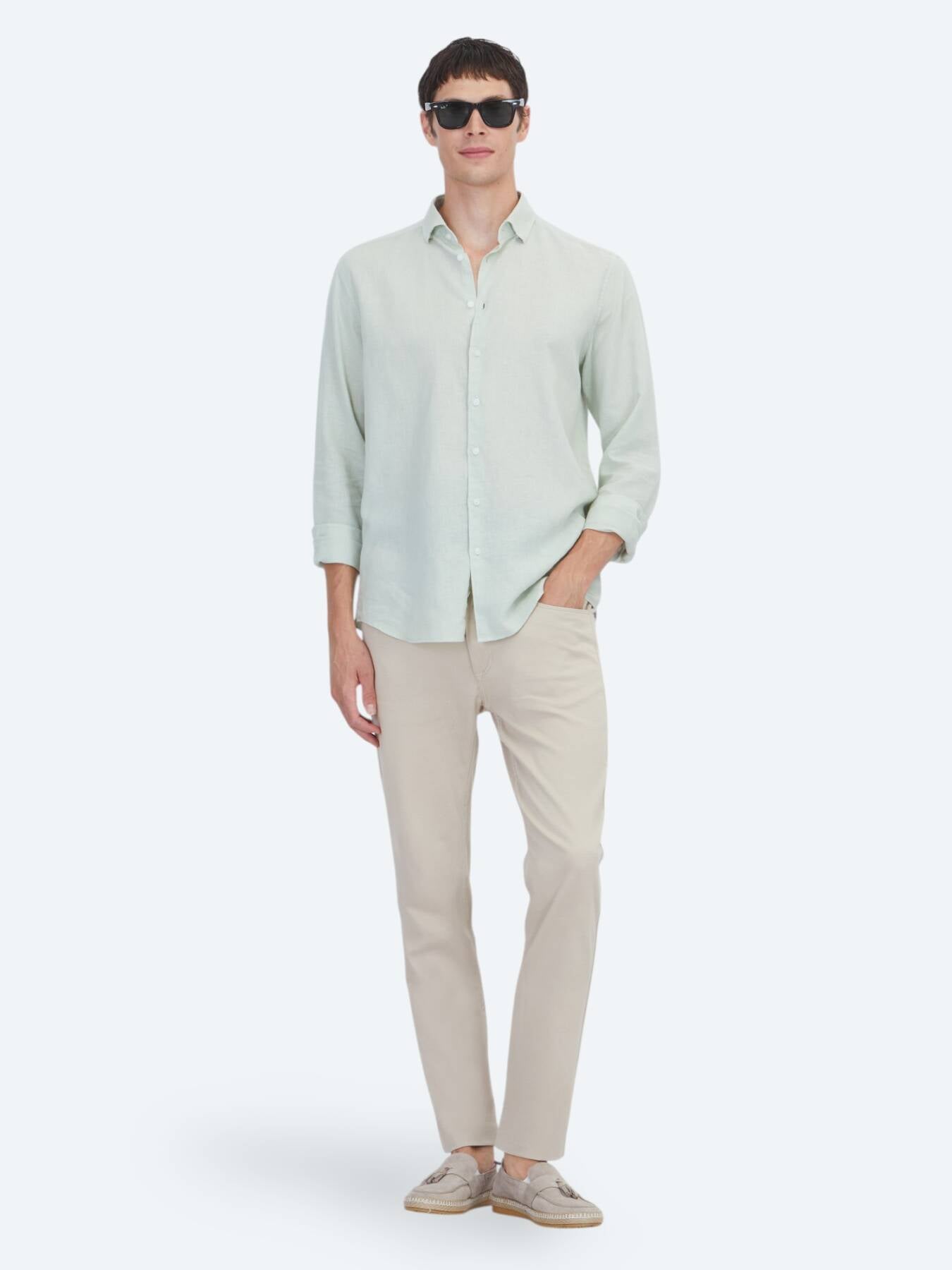 Mint Düz Regular Fit Uzun Dokuma Casual Pamuk Karışımlı Gömlek