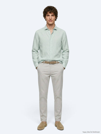 Mint Düz Regular Fit Uzun Dokuma Casual Pamuk Karışımlı Gömlek