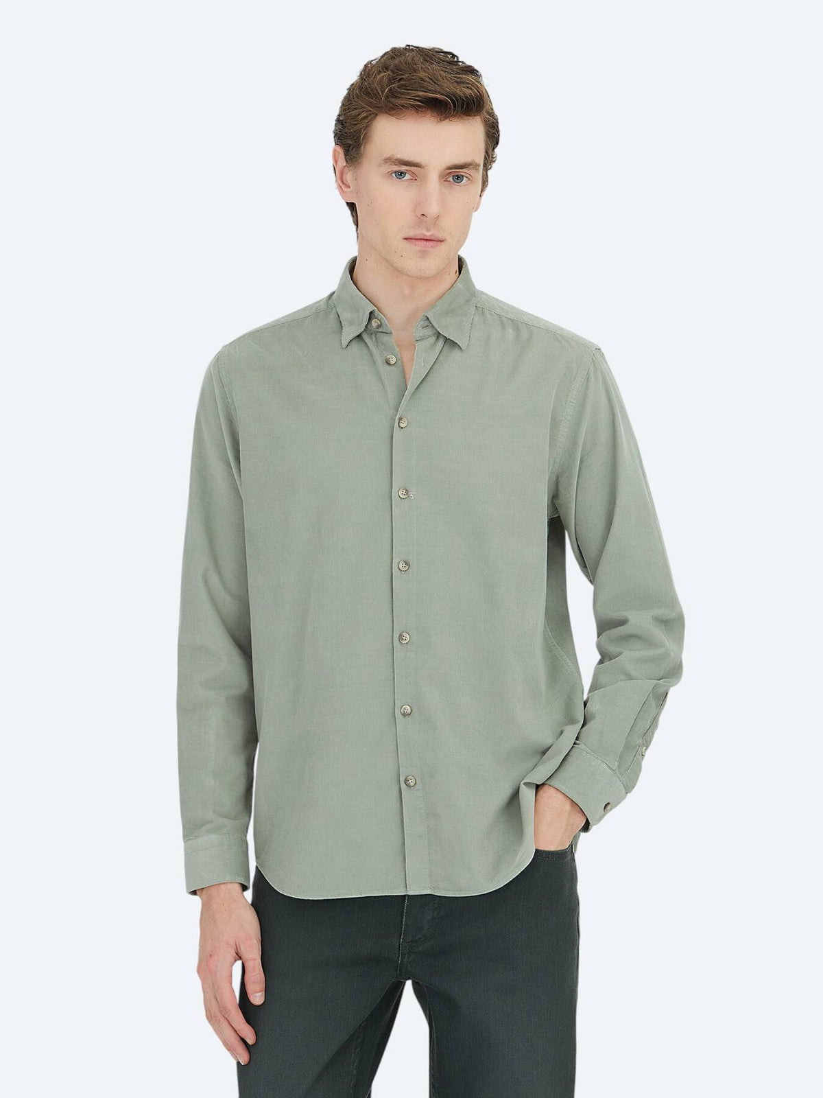 Mint Çizgili Regular Fit Uzun Dokuma Kadife Casual %100 Pamuk Gömlek