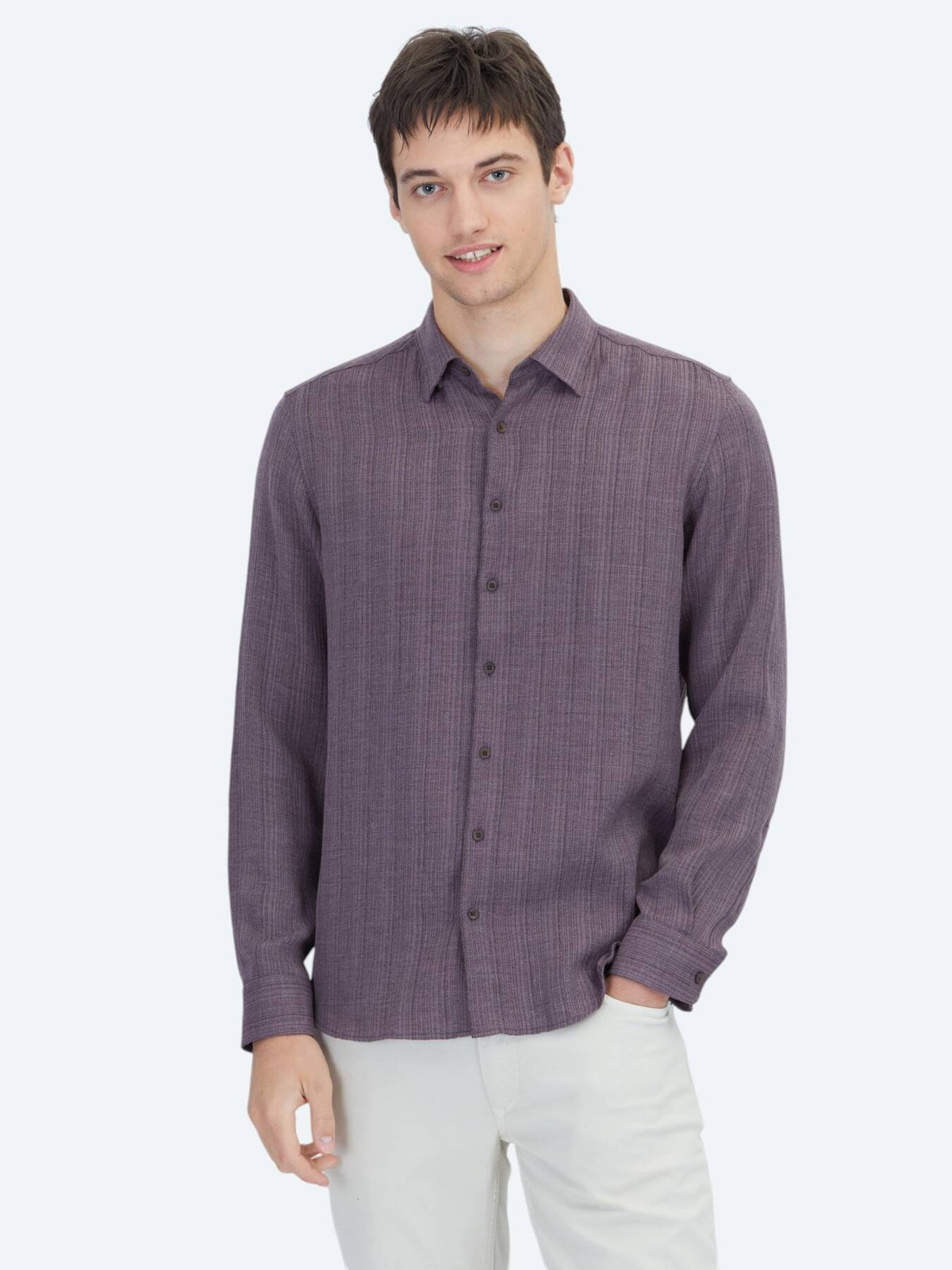 Mürdüm Çizgili Regular Fit Uzun Dokuma Casual Gömlek