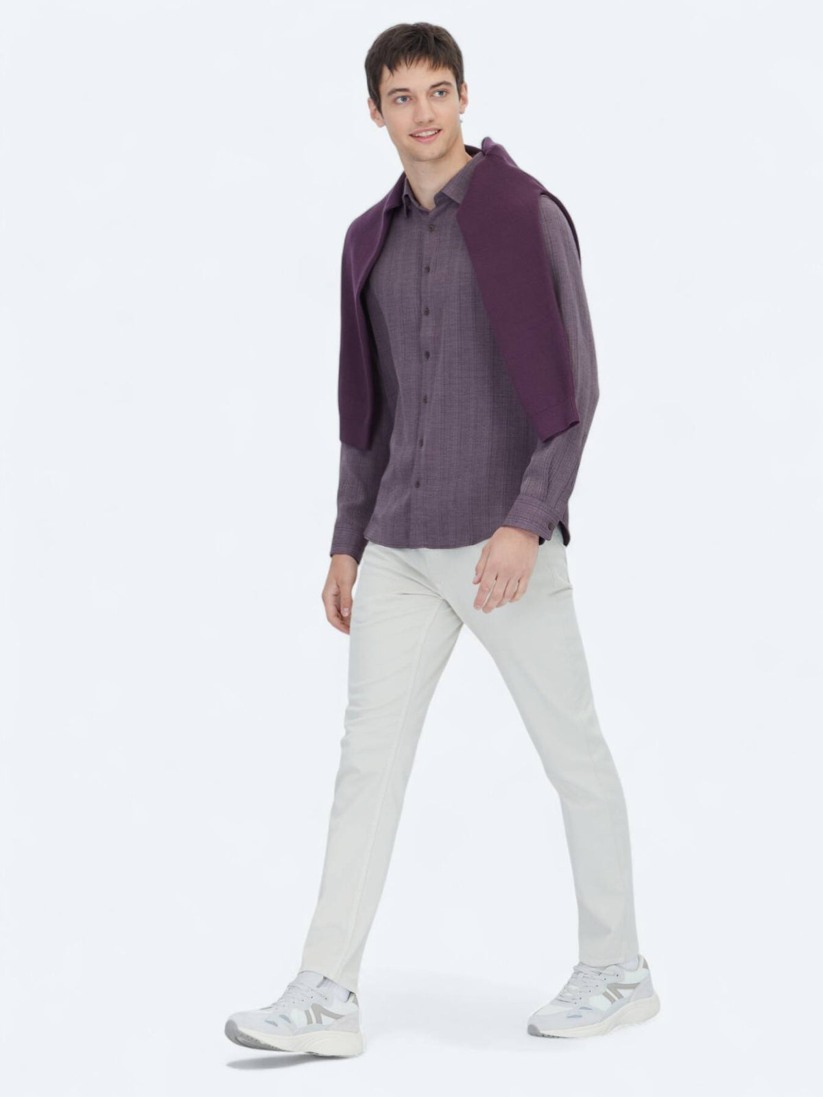 Mürdüm Çizgili Regular Fit Uzun Dokuma Casual Gömlek