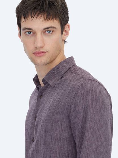 Mürdüm Çizgili Regular Fit Uzun Dokuma Casual Gömlek