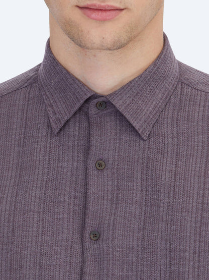 Mürdüm Çizgili Regular Fit Uzun Dokuma Casual Gömlek