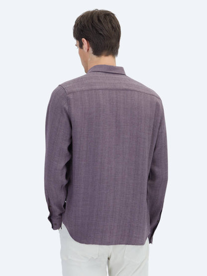 Mürdüm Çizgili Regular Fit Uzun Dokuma Casual Gömlek