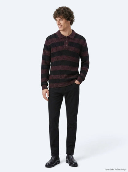 Mürdüm Polo Yaka Çizgili Yün Karışımlı Triko Kazak