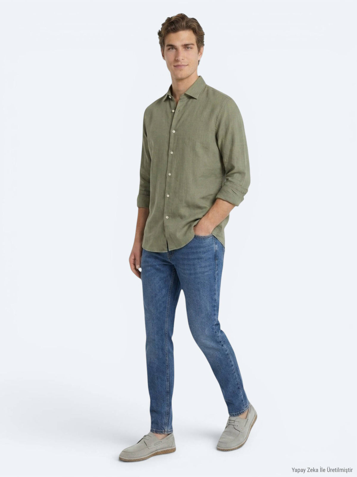 Nefti Yeşil Düz Regular Fit Uzun Dokuma Casual Pamuk Karışımlı Gömlek