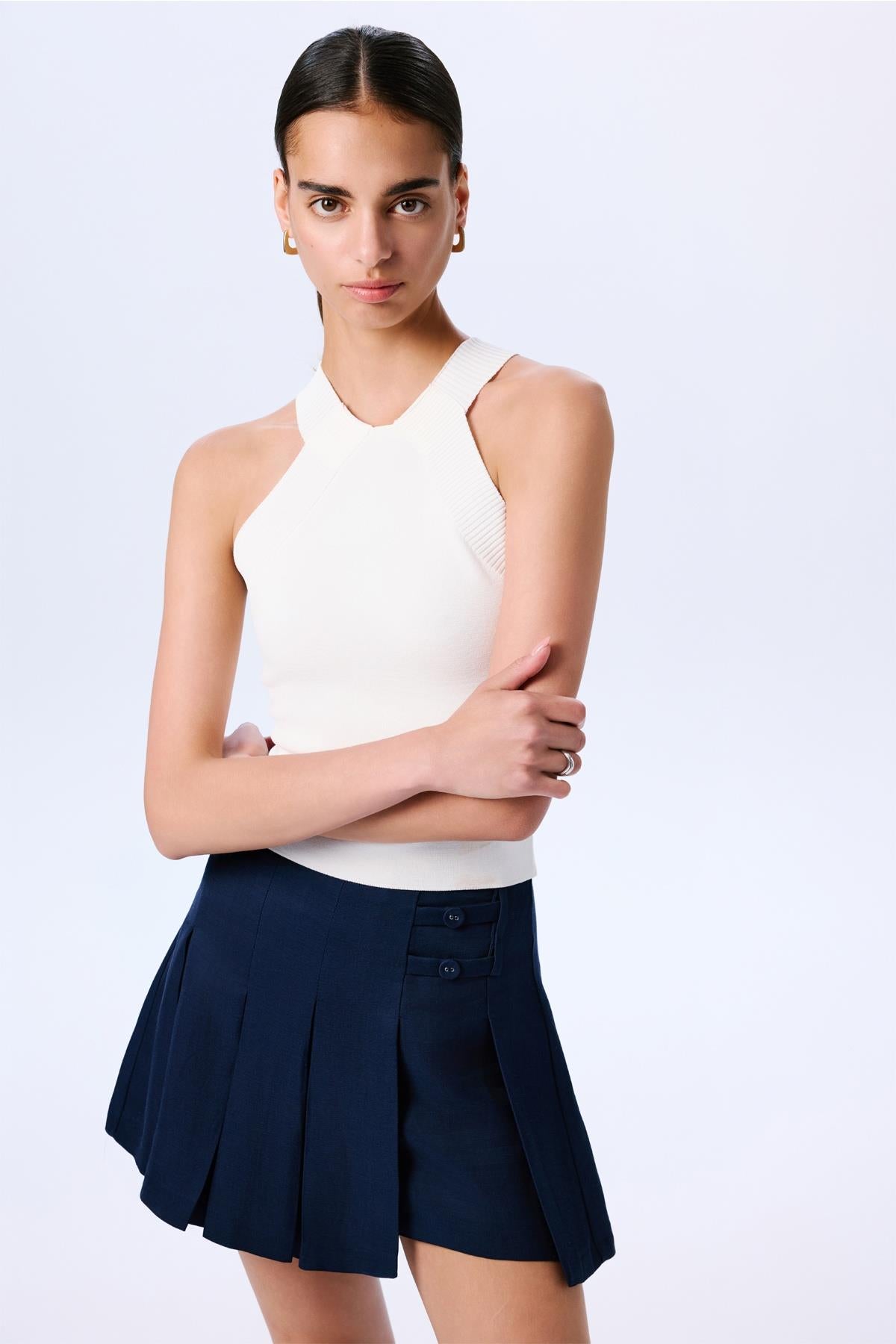 Omuz Dekolteli Basic Crop Ekru Bluz