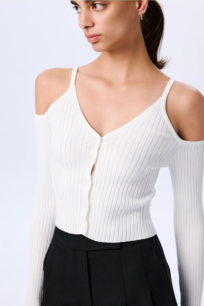 Omuz Dekolteli Crop Ekru Bluz