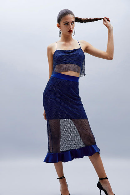 Parlak Taşlı Indigo File Crop Top