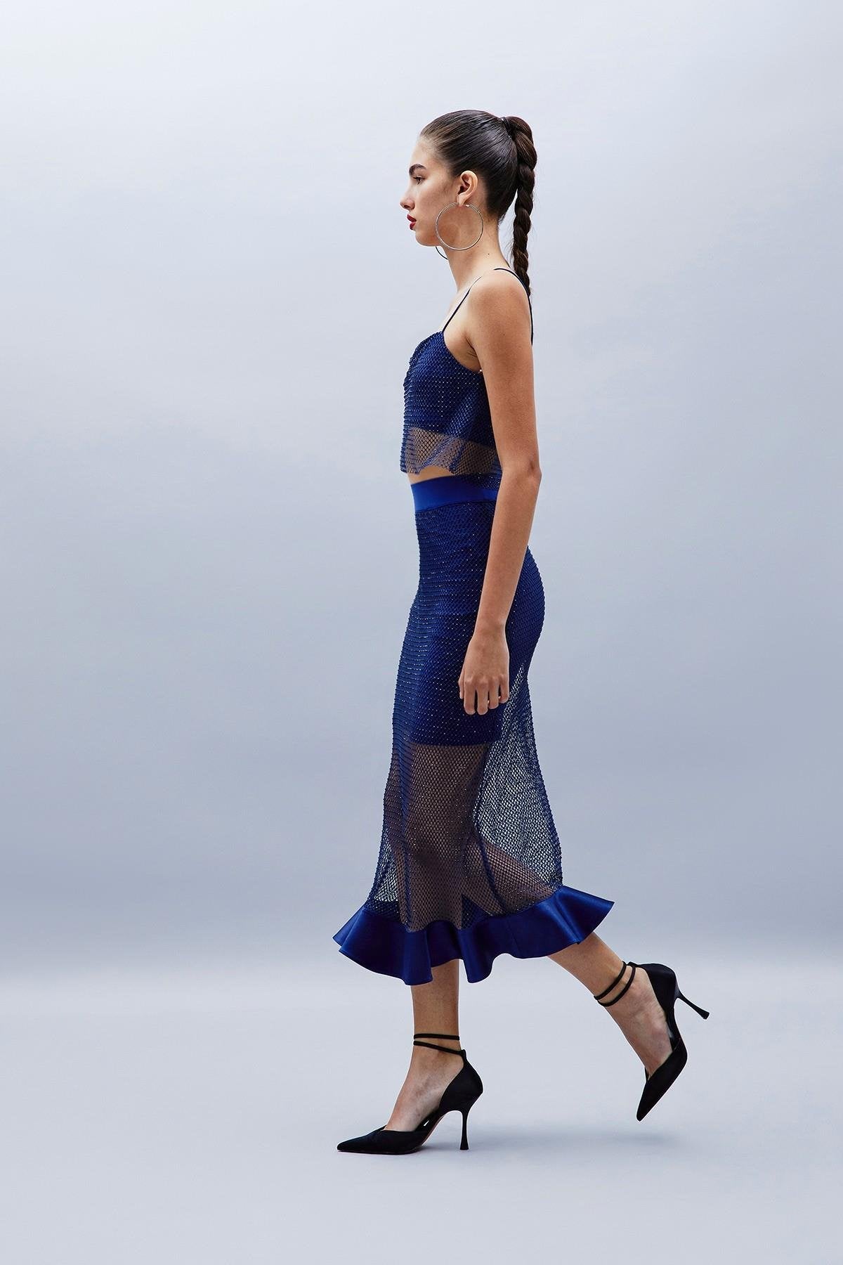 Parlak Taşlı Indigo File Crop Top