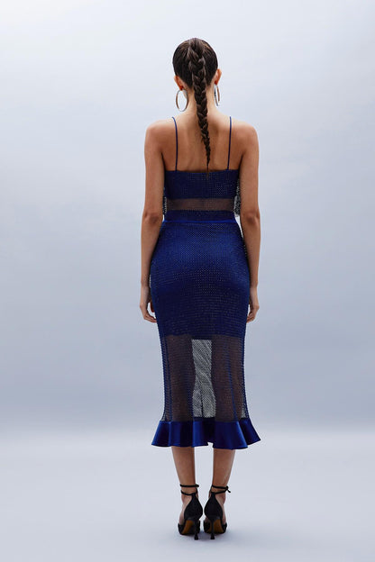 Parlak Taşlı Indigo File Crop Top