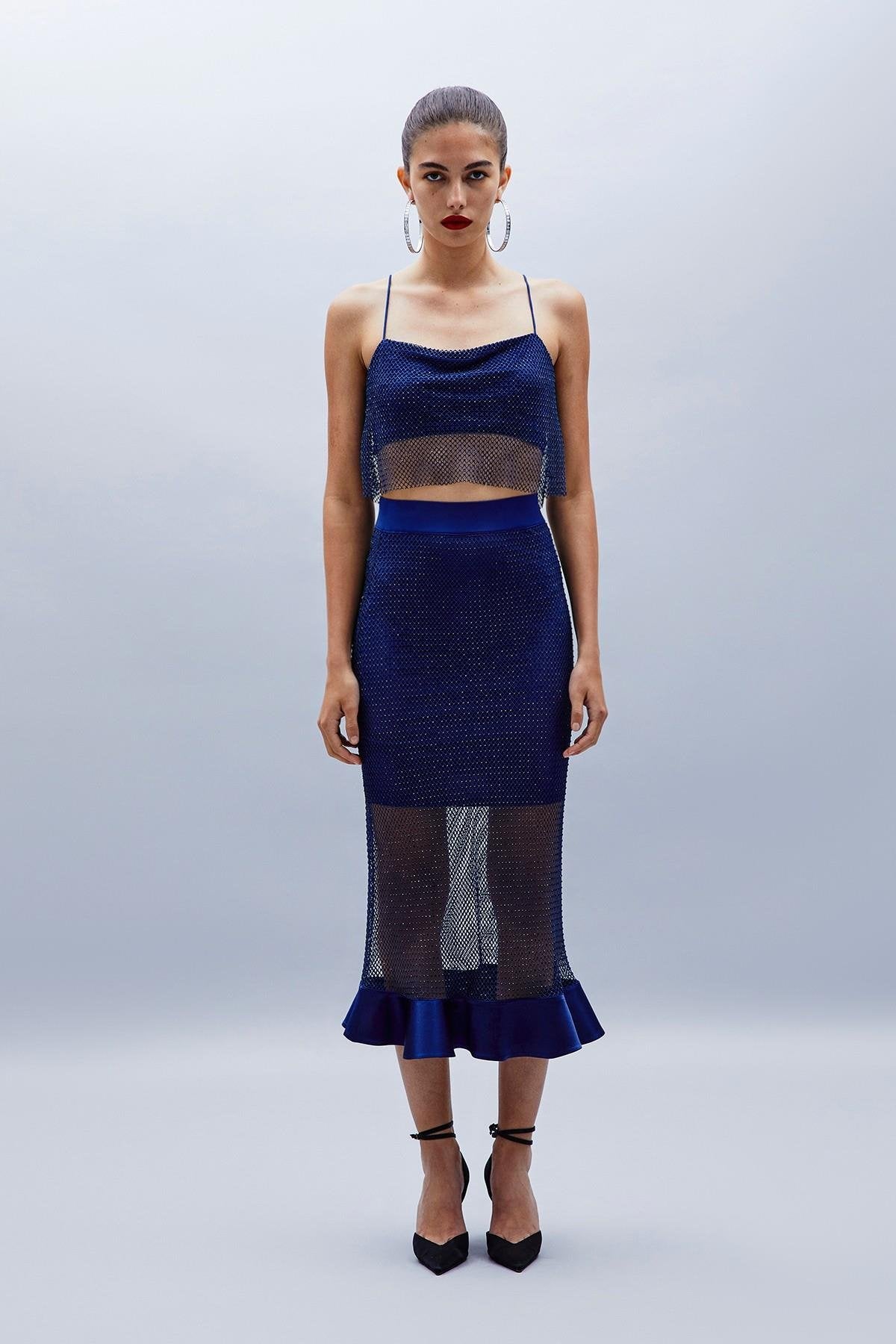 Parlak Taşlı Indigo File Crop Top