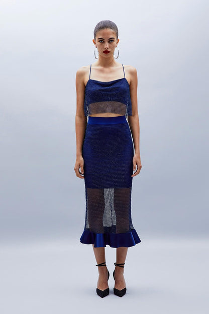 Parlak Taşlı Indigo File Crop Top