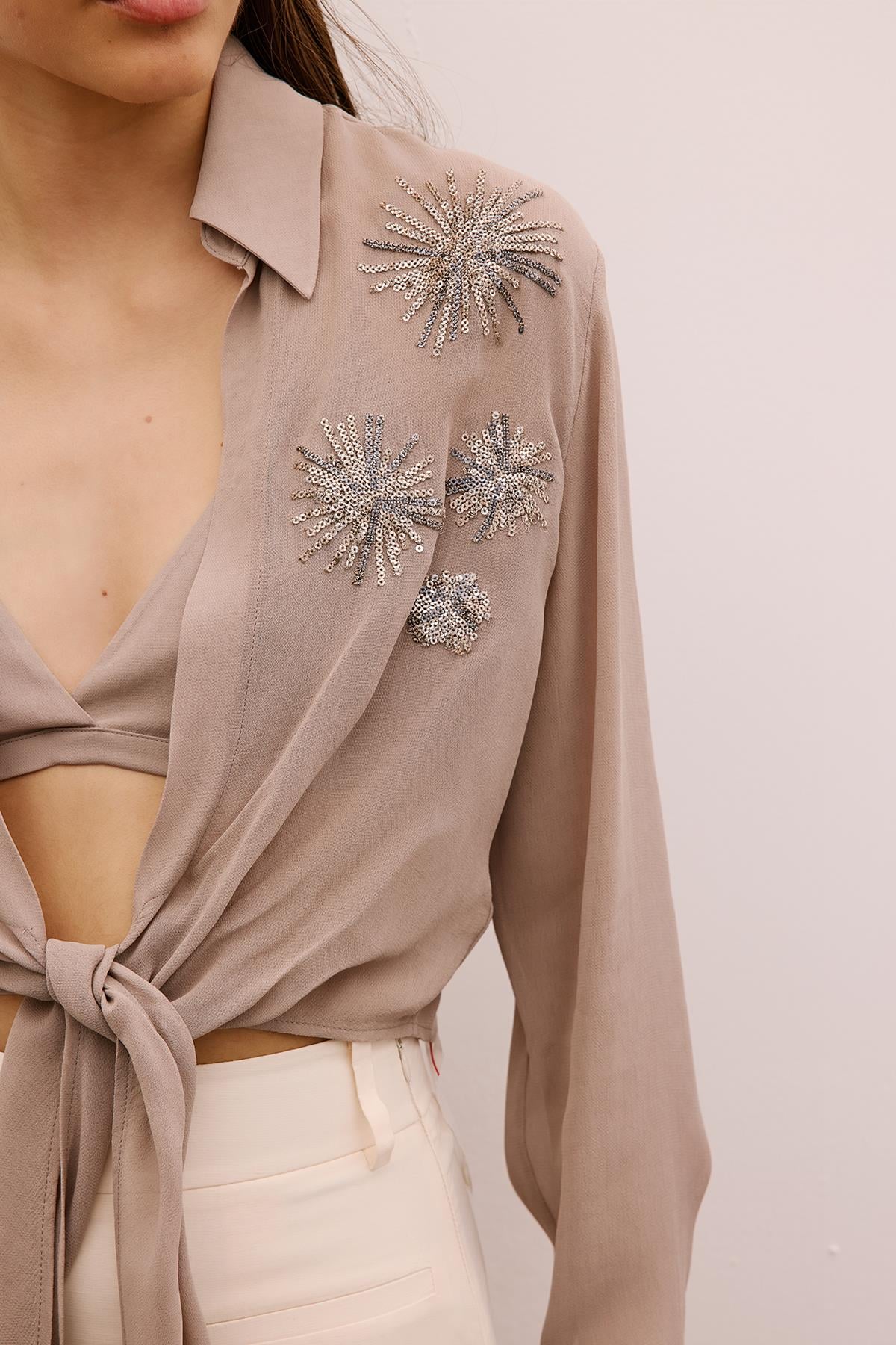 Payet Işlemeli Bağlamalı Vizon Crop Bluz