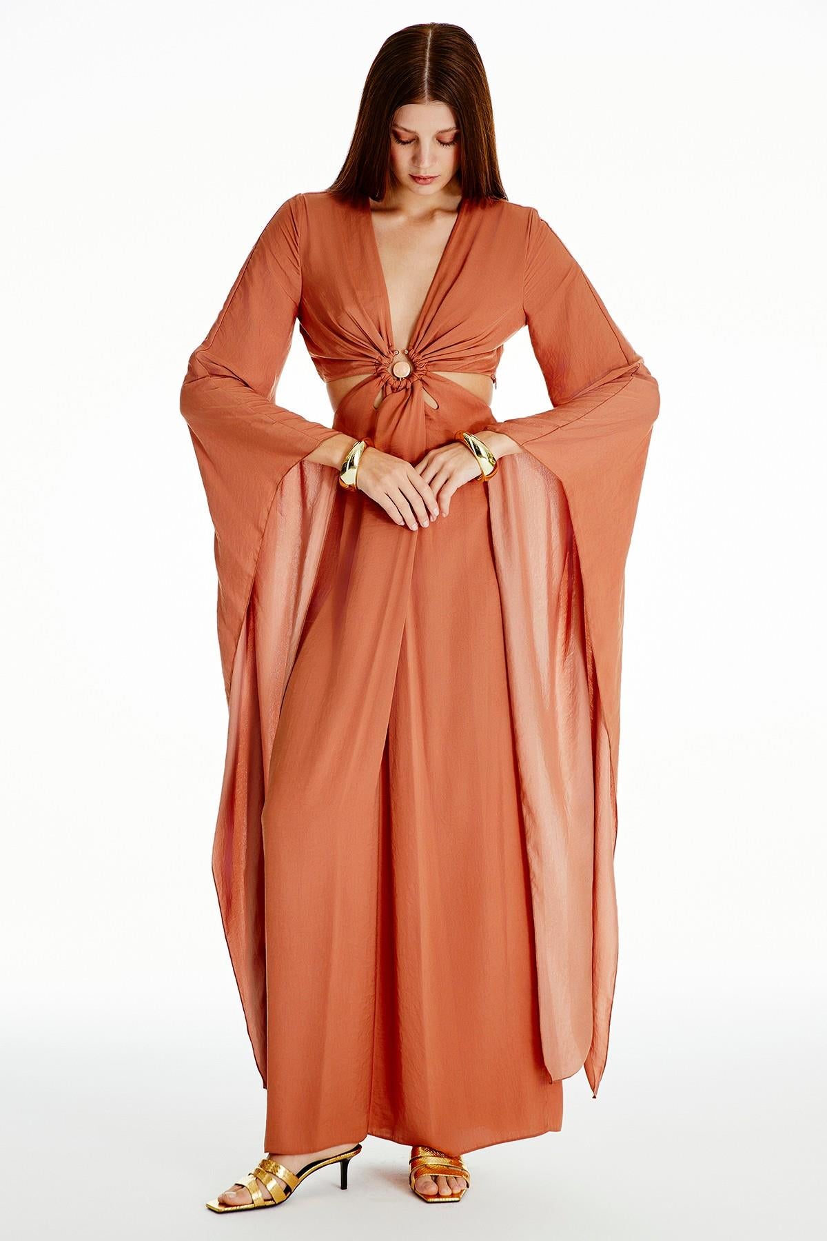 Pelerin Kollu Kiremit Uzun Elbise