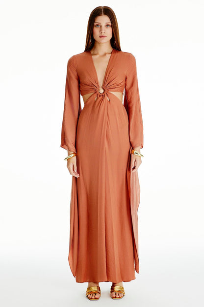 Pelerin Kollu Kiremit Uzun Elbise