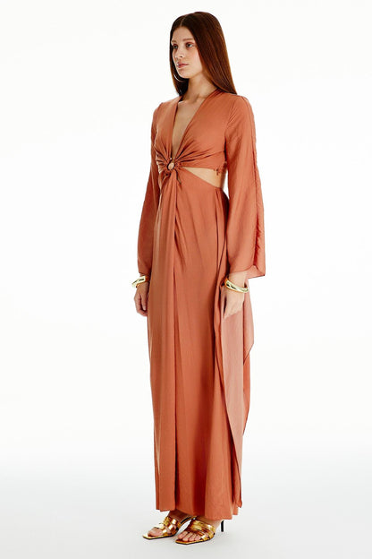 Pelerin Kollu Kiremit Uzun Elbise