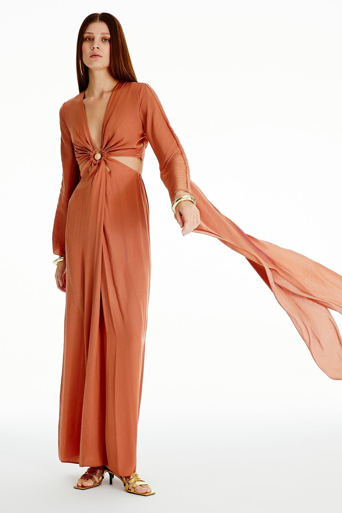 Pelerin Kollu Kiremit Uzun Elbise