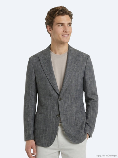 Petrol Modern Fit Keten Karışımlı Ceket