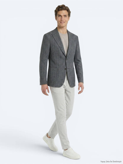 Petrol Modern Fit Keten Karışımlı Ceket