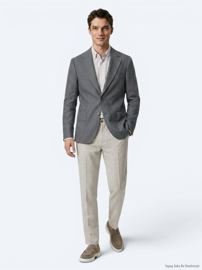 Petrol Modern Fit Keten Karışımlı Ceket