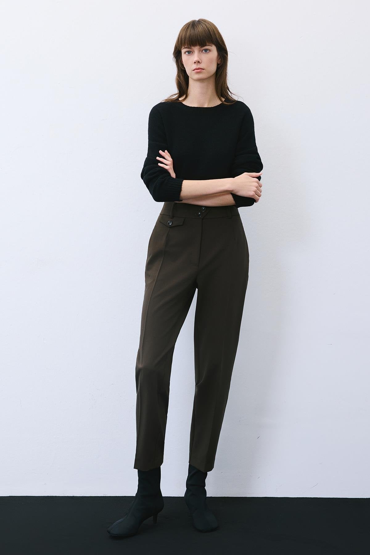 Pileli Dar Paça Yüksek Bel Haki Pantolon