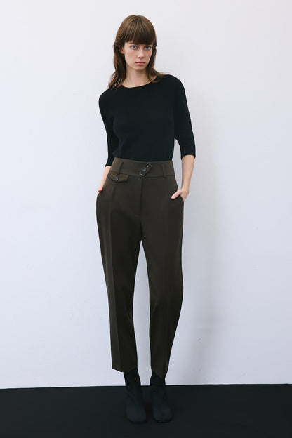 Pileli Dar Paça Yüksek Bel Haki Pantolon