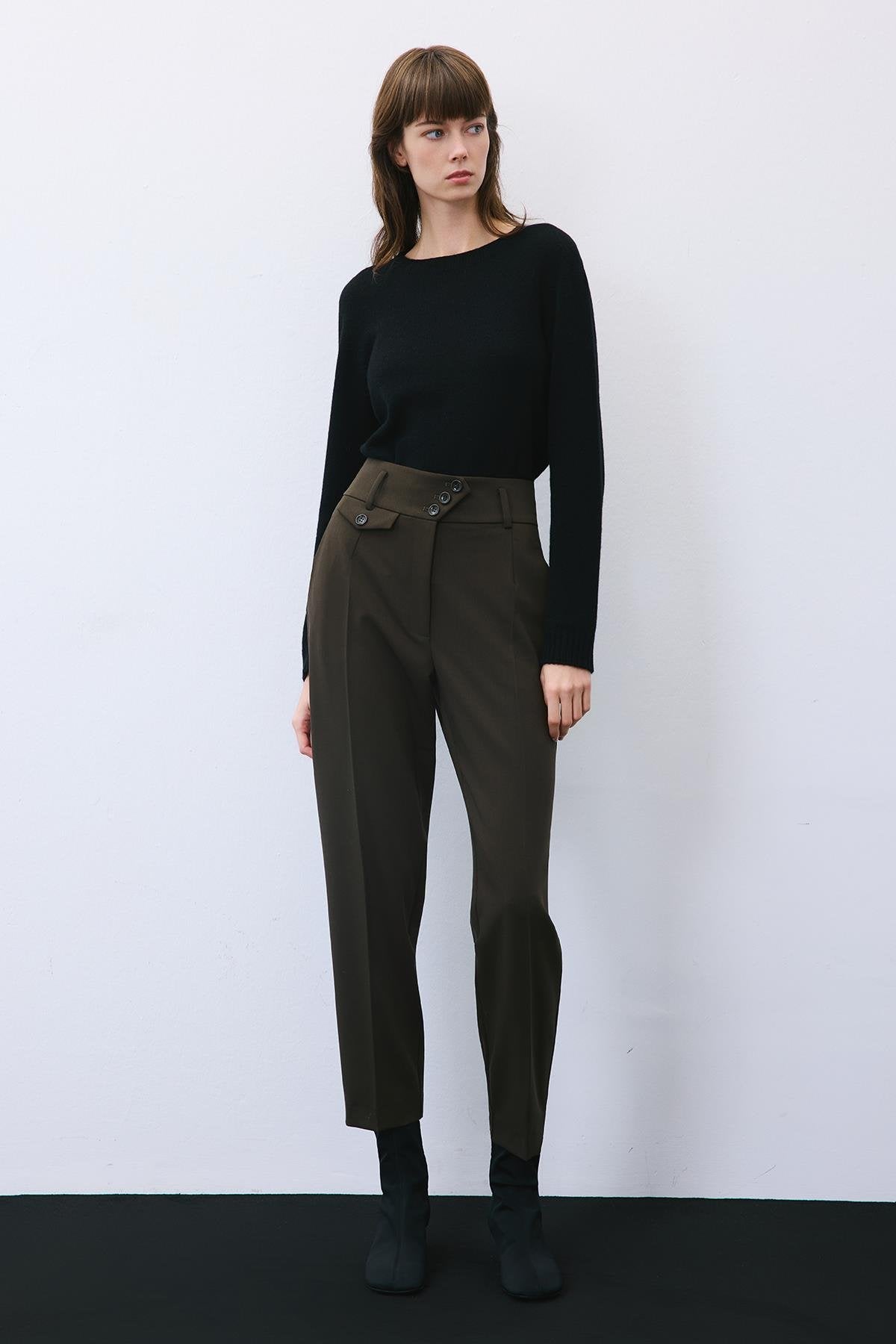 Pileli Dar Paça Yüksek Bel Haki Pantolon