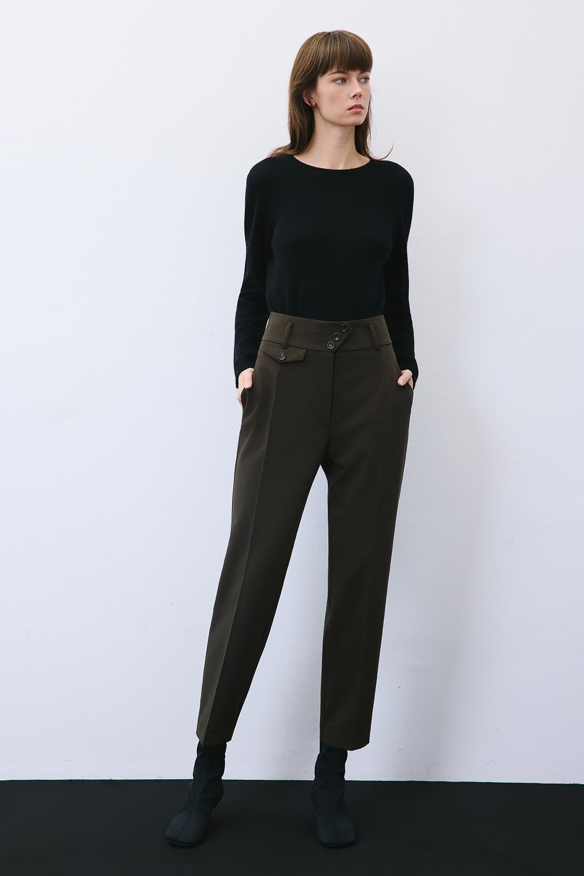 Pileli Dar Paça Yüksek Bel Haki Pantolon