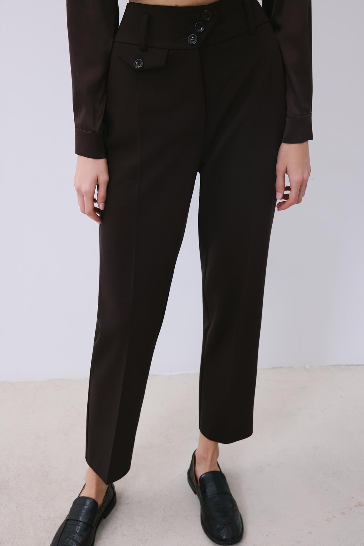 Pileli Dar Paça Yüksek Bel Kahve Pantolon