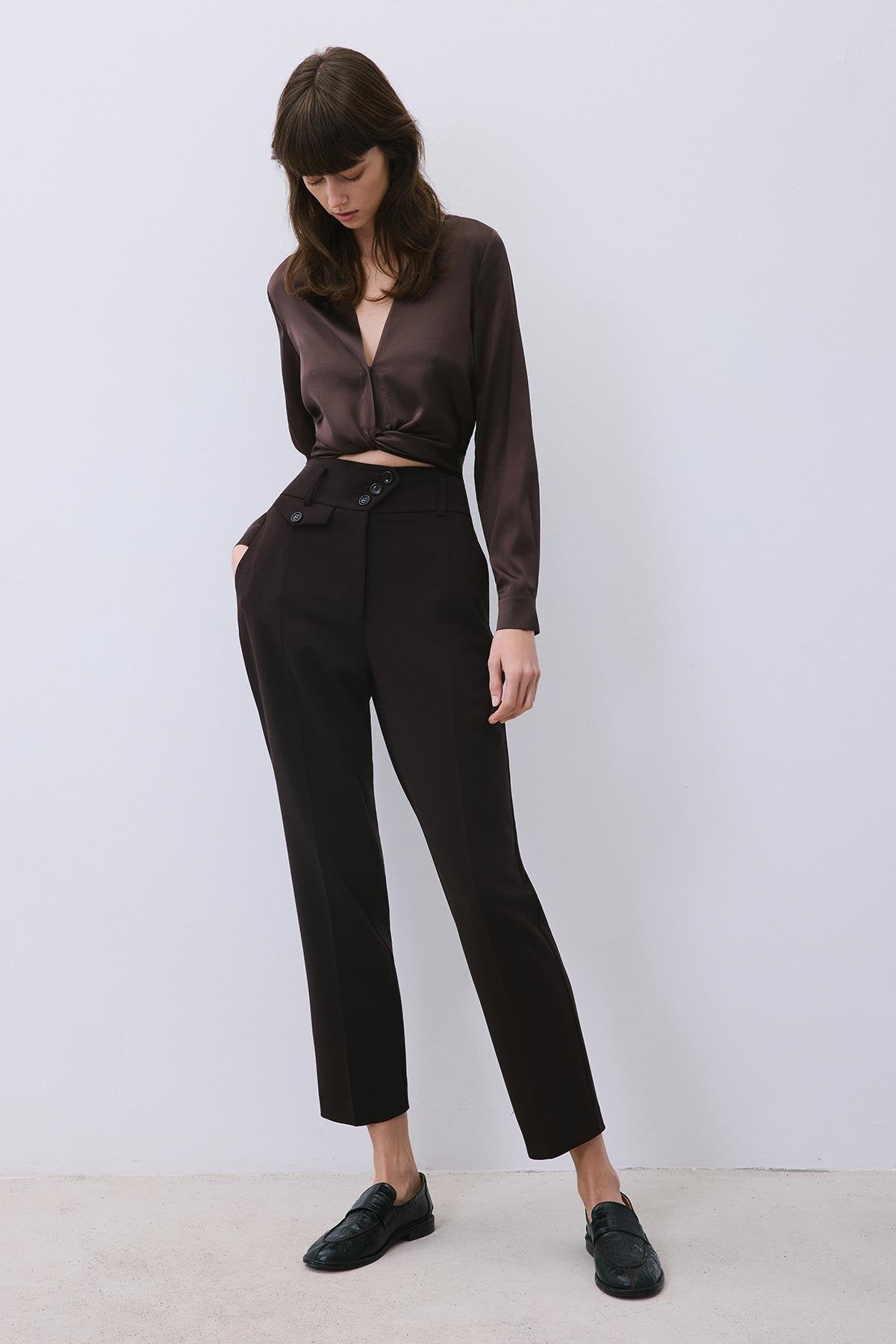 Pileli Dar Paça Yüksek Bel Kahve Pantolon