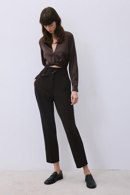 Pileli Dar Paça Yüksek Bel Kahve Pantolon