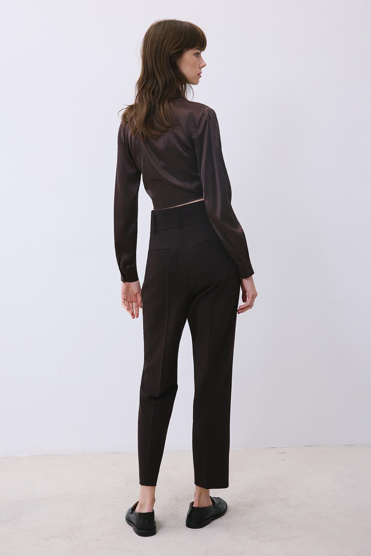 Pileli Dar Paça Yüksek Bel Kahve Pantolon