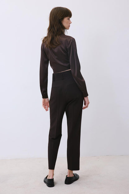 Pileli Dar Paça Yüksek Bel Kahve Pantolon