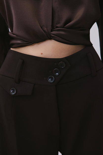 Pileli Dar Paça Yüksek Bel Kahve Pantolon