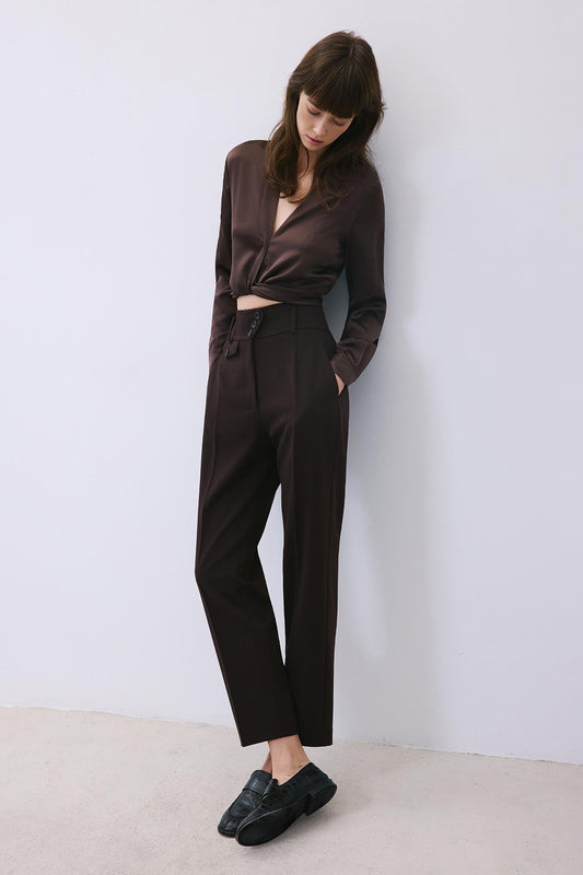 Pileli Dar Paça Yüksek Bel Kahve Pantolon