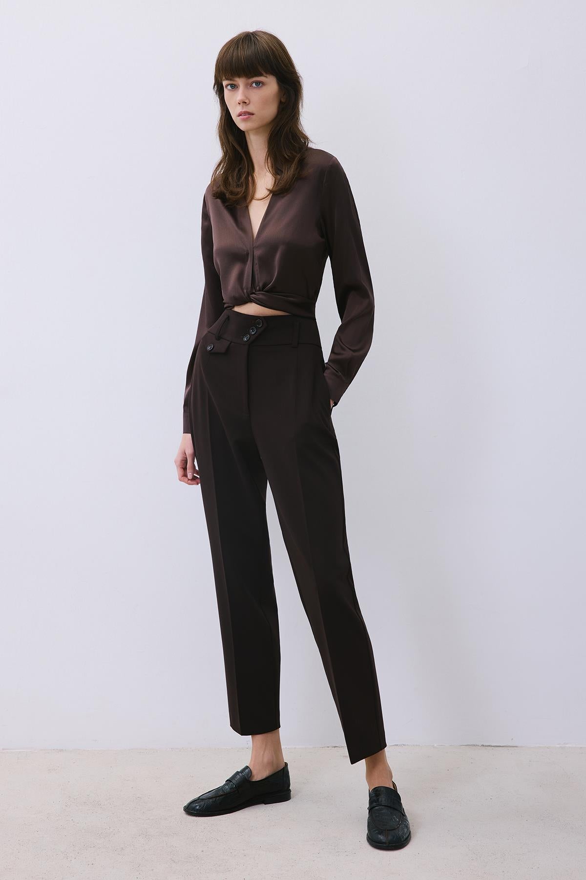 Pileli Dar Paça Yüksek Bel Kahve Pantolon