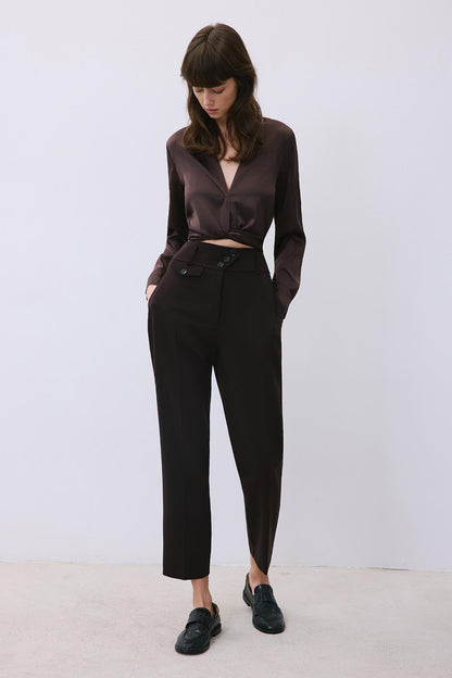 Pileli Dar Paça Yüksek Bel Kahve Pantolon