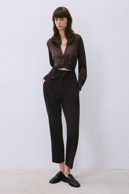 Pileli Dar Paça Yüksek Bel Kahve Pantolon