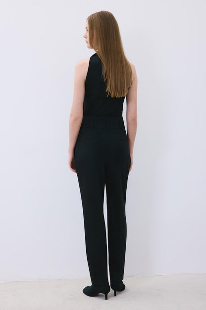 Pileli Dar Paça Yüksek Bel Siyah Pantolon
