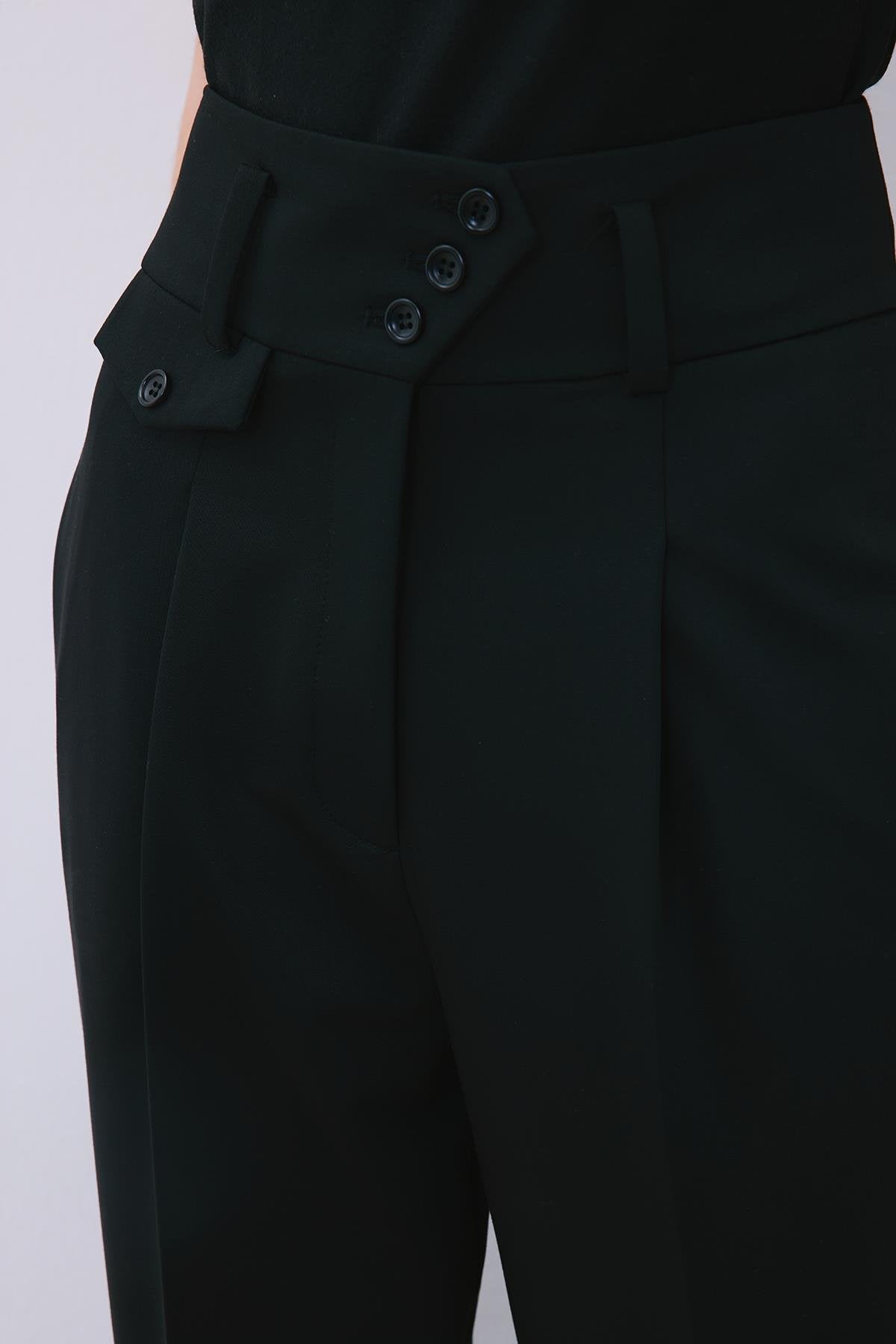 Pileli Dar Paça Yüksek Bel Siyah Pantolon
