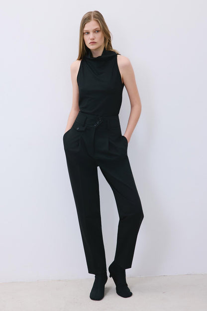 Pileli Dar Paça Yüksek Bel Siyah Pantolon