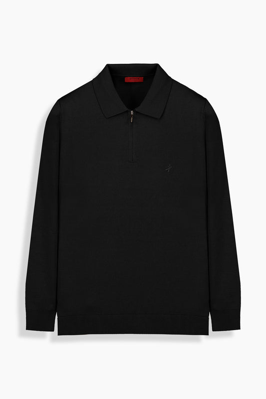 Polo Yaka Fermuarlı Siyah Triko