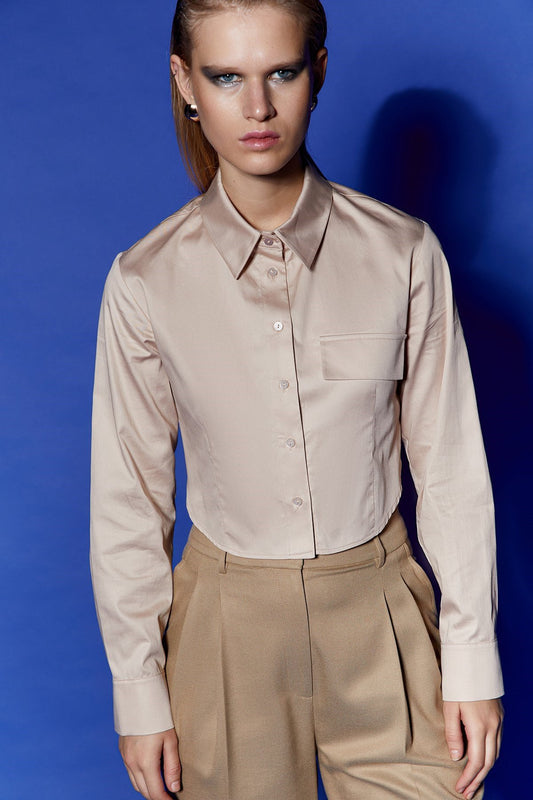 Poplin Bej Crop Gömlek